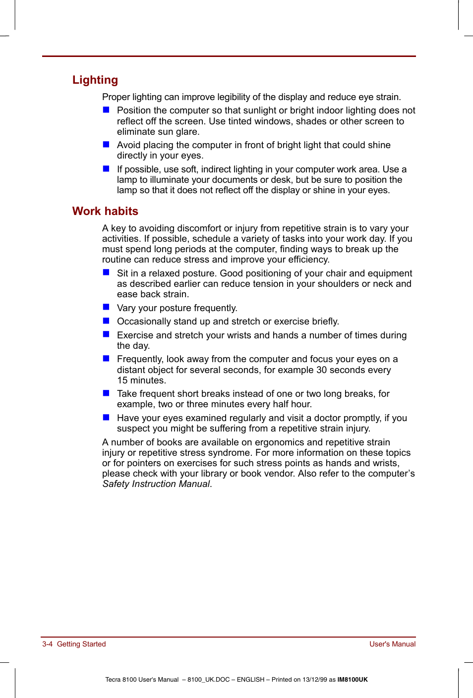 Lighting -4 work habits -4, Lighting, Work habits | Toshiba Tecra 8100 User Manual | Page 54 / 226