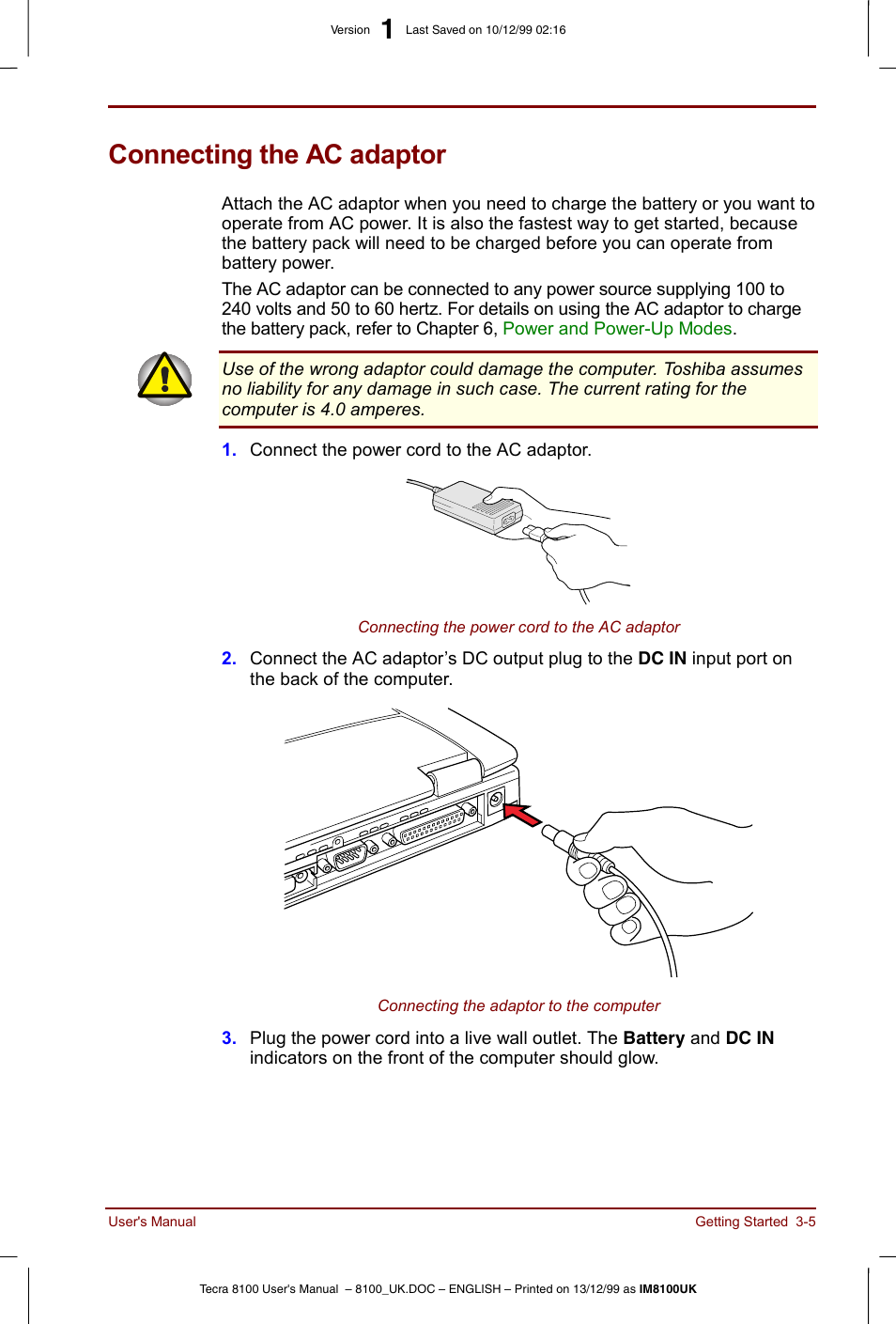 Connecting the ac adaptor, Connecting the ac adaptor -5 | Toshiba Tecra 8100 User Manual | Page 55 / 226