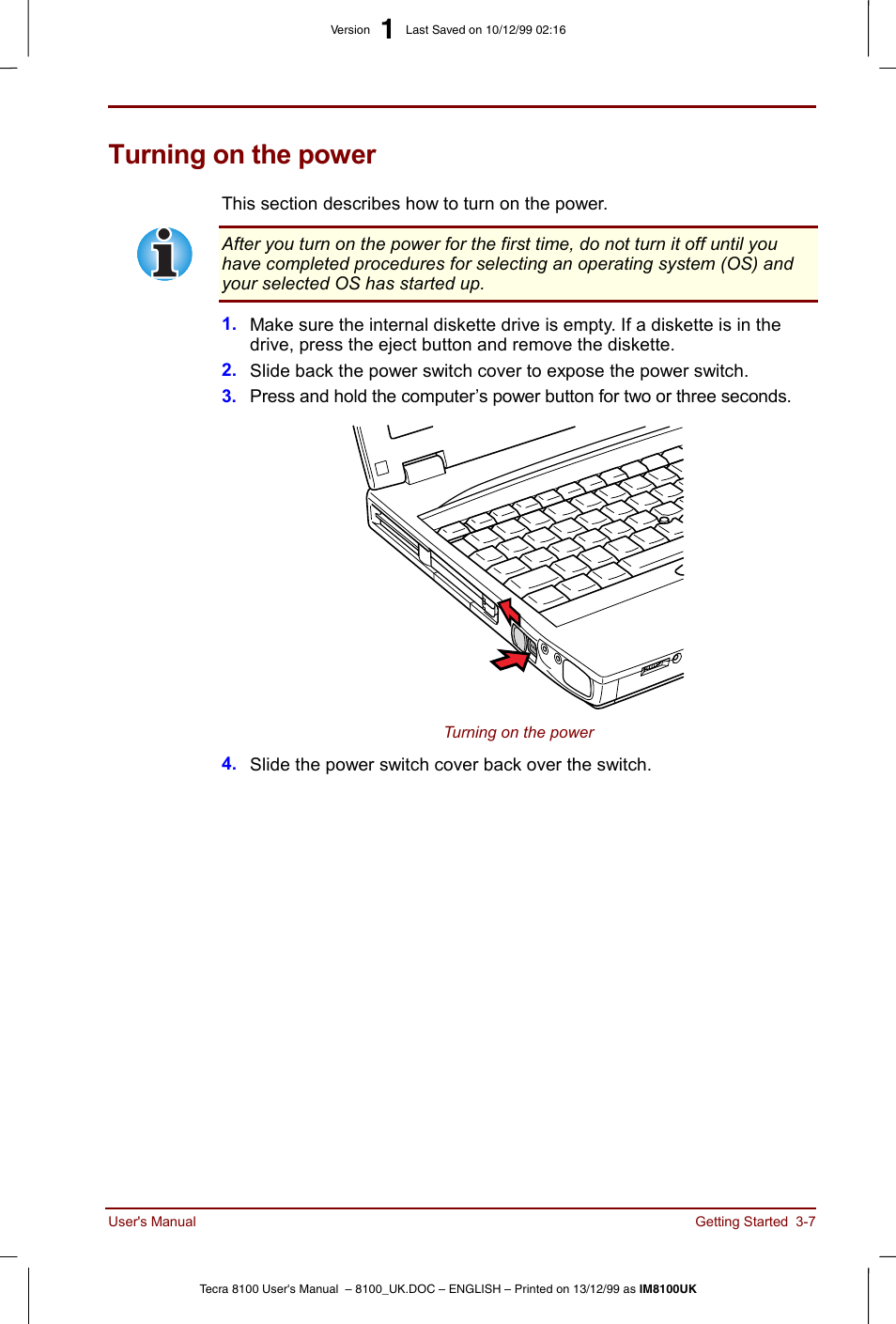 Turning on the power, Turning on the power -7 | Toshiba Tecra 8100 User Manual | Page 57 / 226