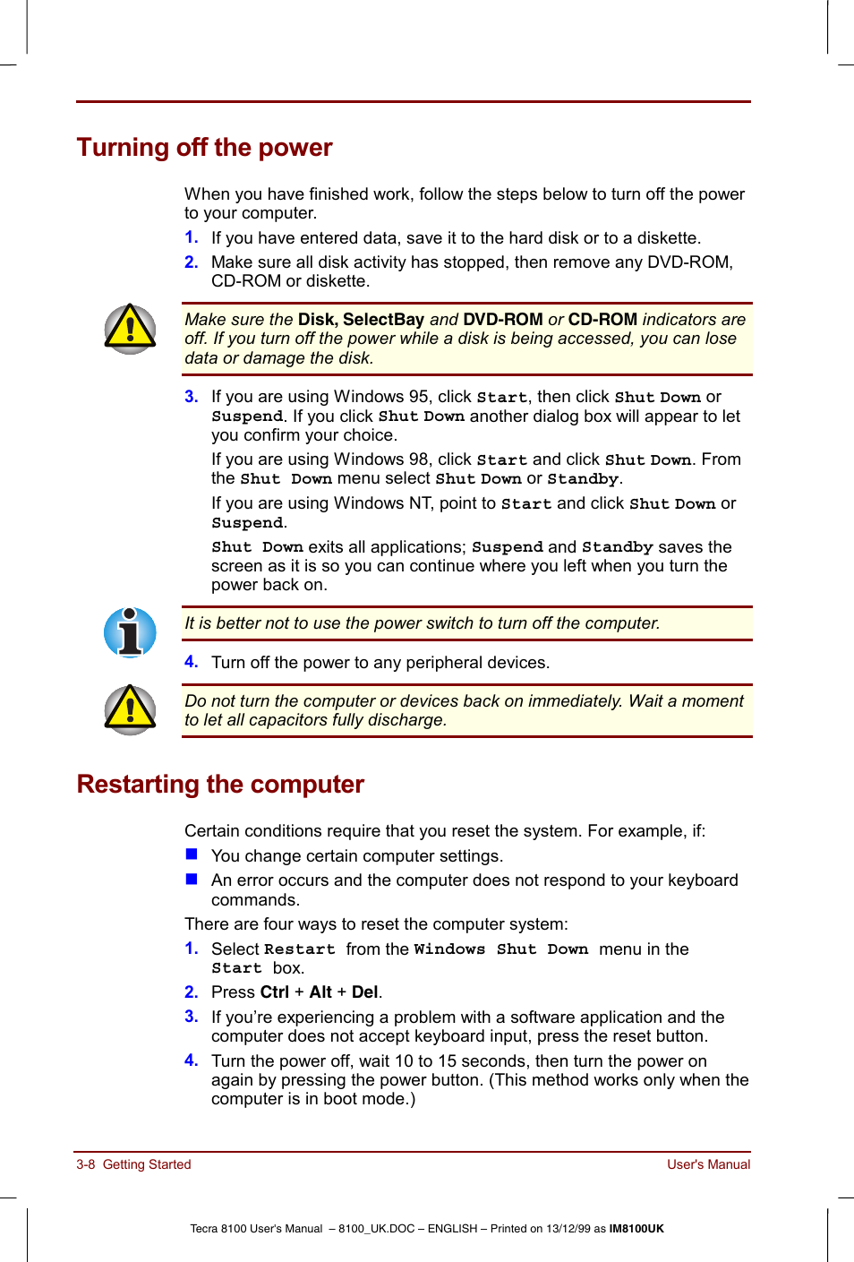 Turning off the power, Restarting the computer | Toshiba Tecra 8100 User Manual | Page 58 / 226