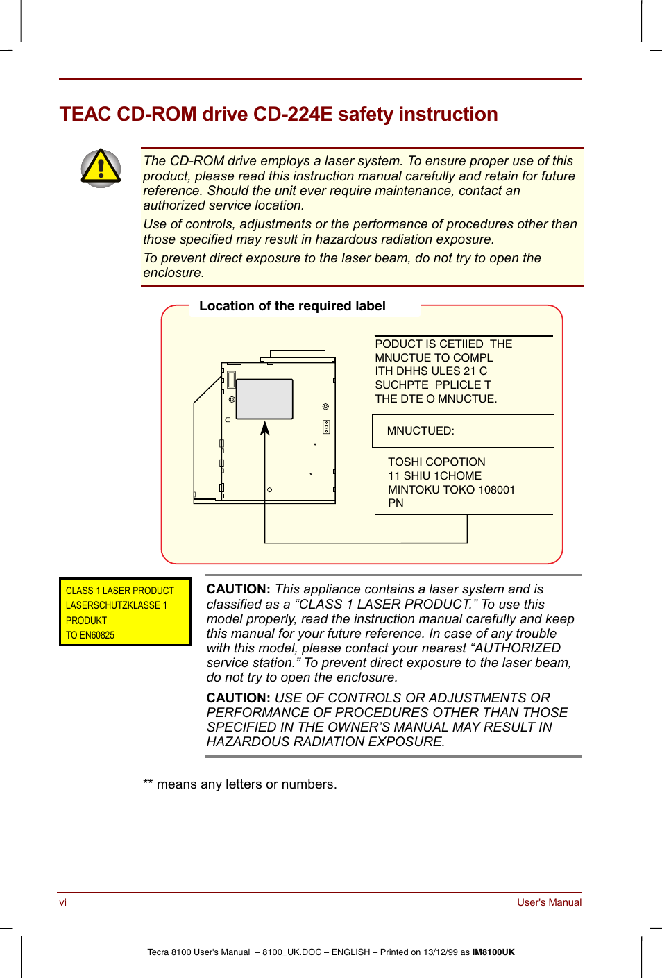 Teac cd-rom drive cd-224e safety instruction | Toshiba Tecra 8100 User Manual | Page 6 / 226