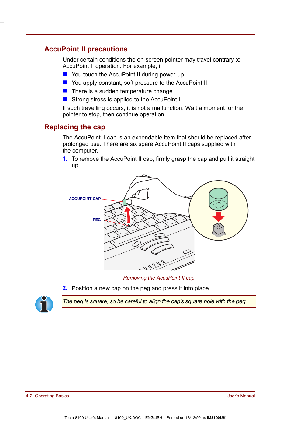 Accupoint ii precautions -2 replacing the cap -2, Accupoint ii precautions, Replacing the cap | Toshiba Tecra 8100 User Manual | Page 62 / 226