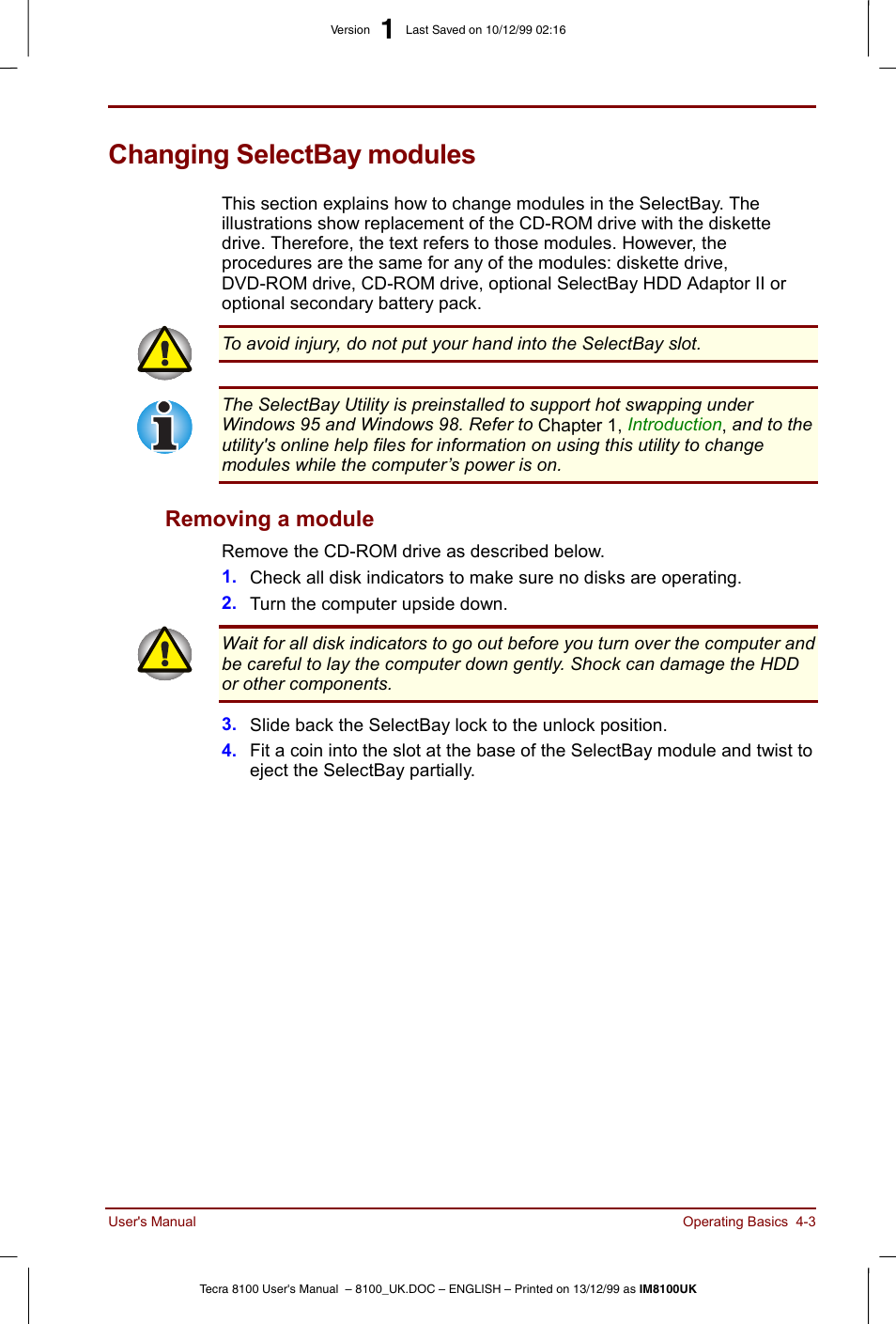 Changing selectbay modules, Changing selectbay modules -3, Removing a module -3 | Removing a module | Toshiba Tecra 8100 User Manual | Page 63 / 226