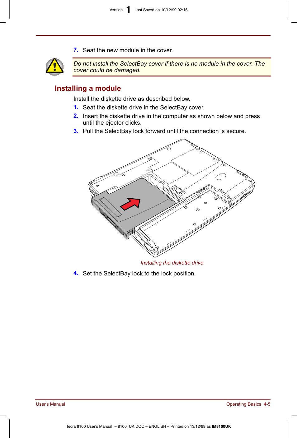 Installing a module -5, Installing a module | Toshiba Tecra 8100 User Manual | Page 65 / 226