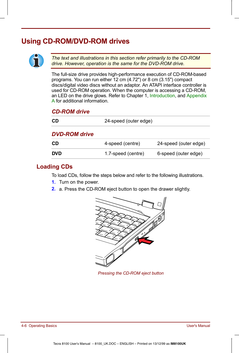 Using cd˚rom/dvd-rom drives, Using cd-rom/dvd-rom drives -6, Loading cds -6 | Using cd-rom/dvd-rom drives, Loading cds | Toshiba Tecra 8100 User Manual | Page 66 / 226