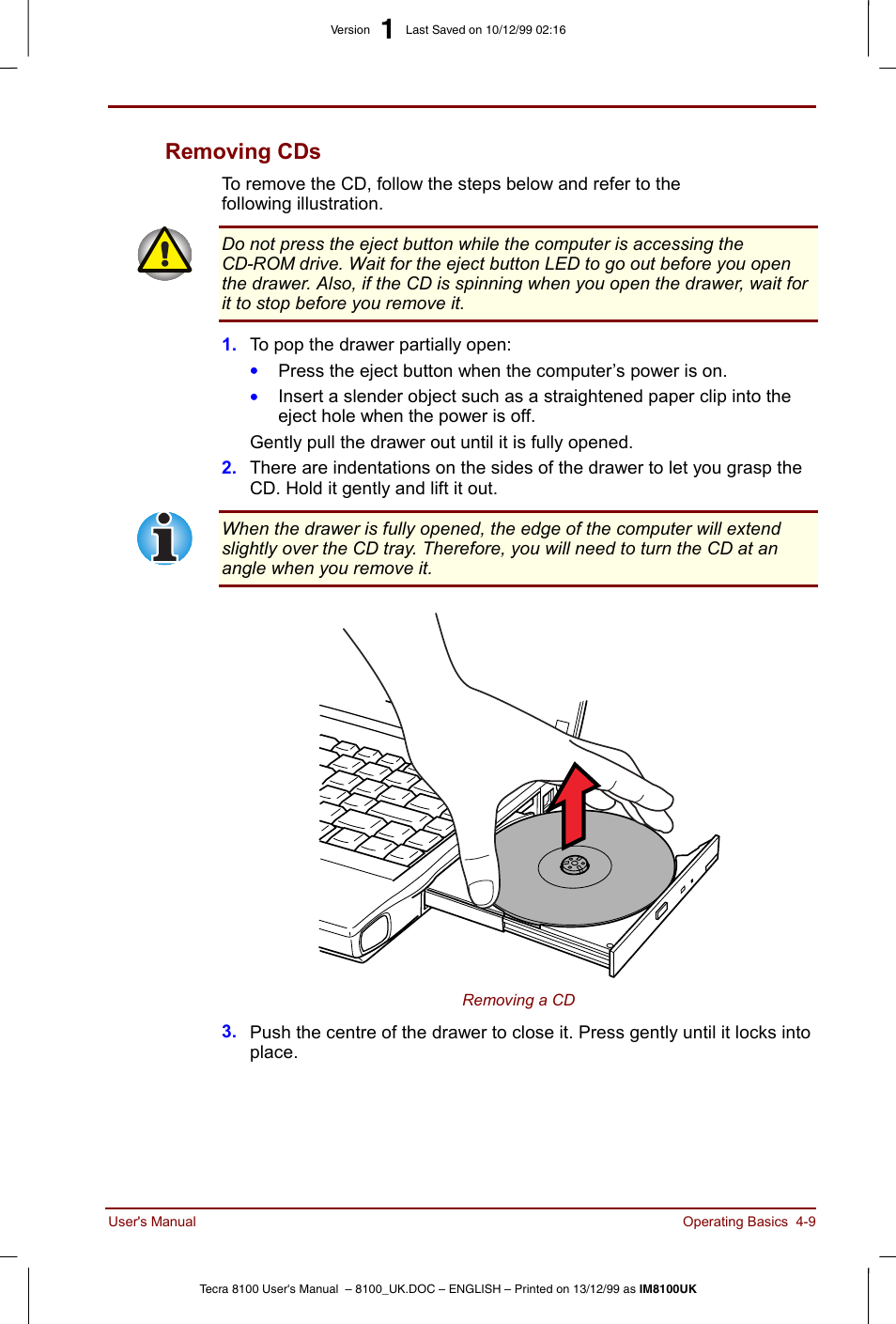 Removing cds -9, Removing cds | Toshiba Tecra 8100 User Manual | Page 69 / 226