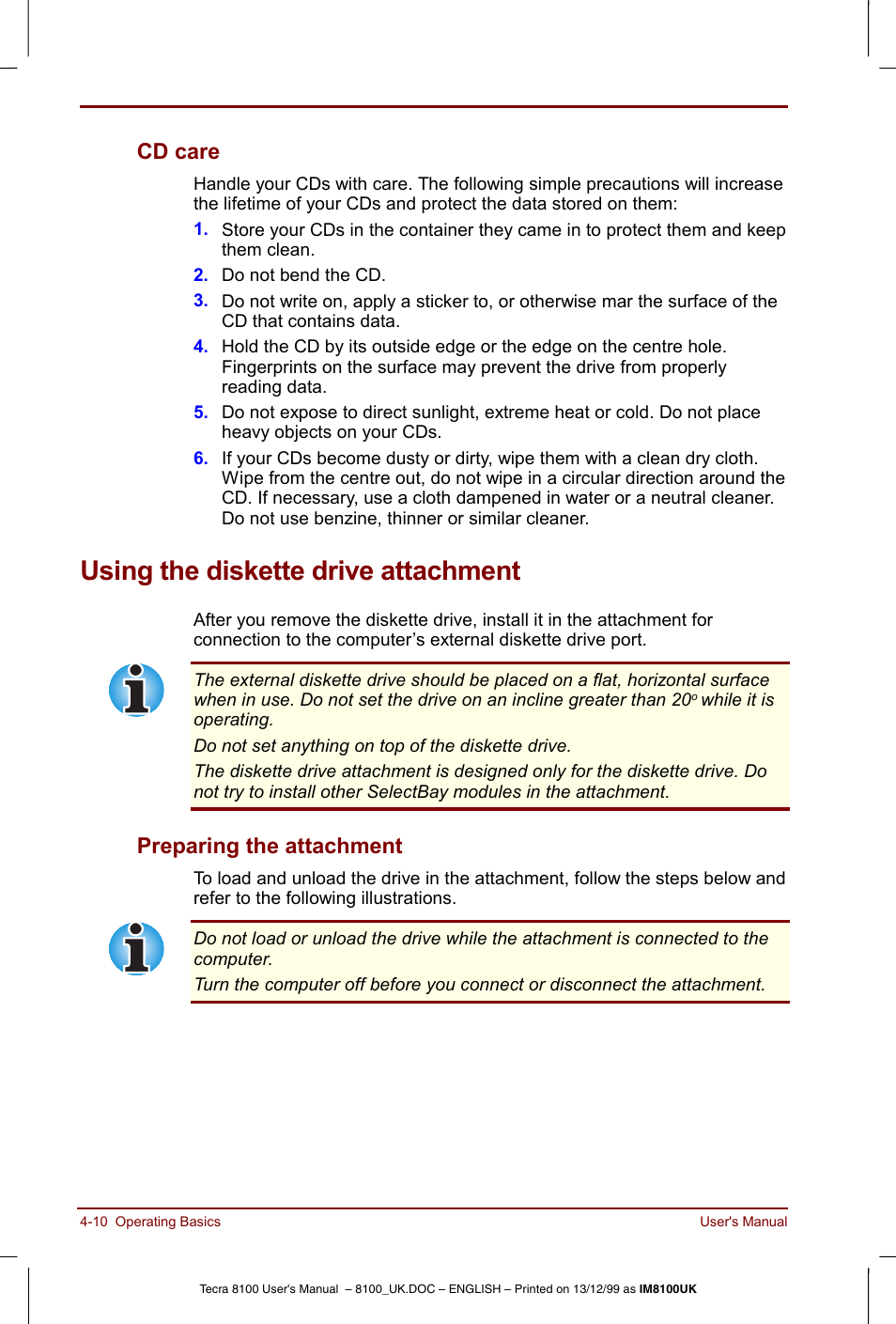 Using the diskette drive attachment, Cd care -10, Using the diskette drive attachment -10 | Preparing the attachment -10, Cd care, Preparing the attachment | Toshiba Tecra 8100 User Manual | Page 70 / 226
