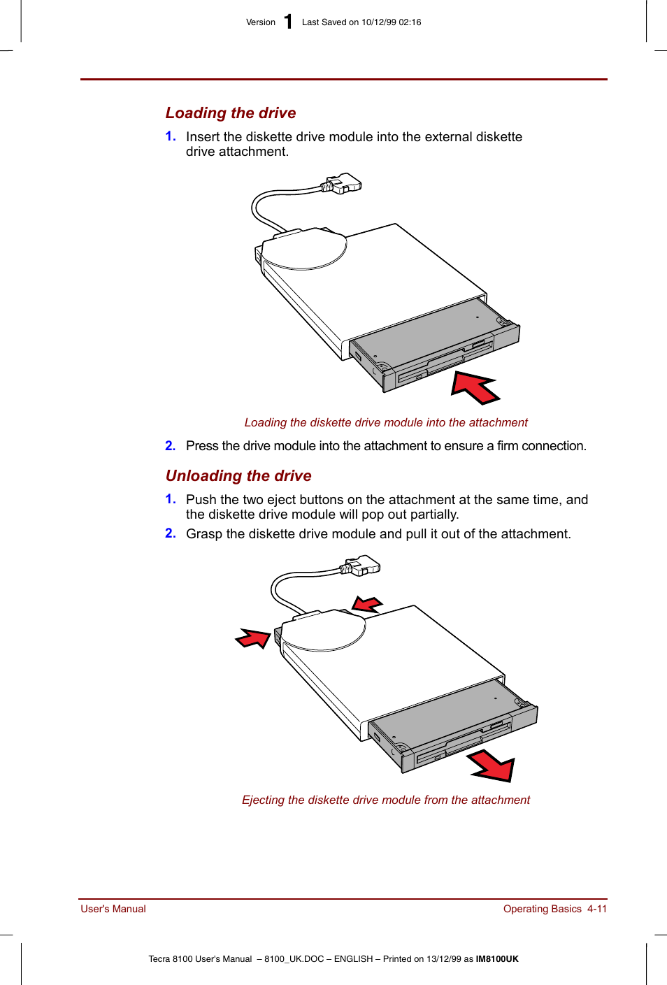 Loading the drive, Unloading the drive | Toshiba Tecra 8100 User Manual | Page 71 / 226