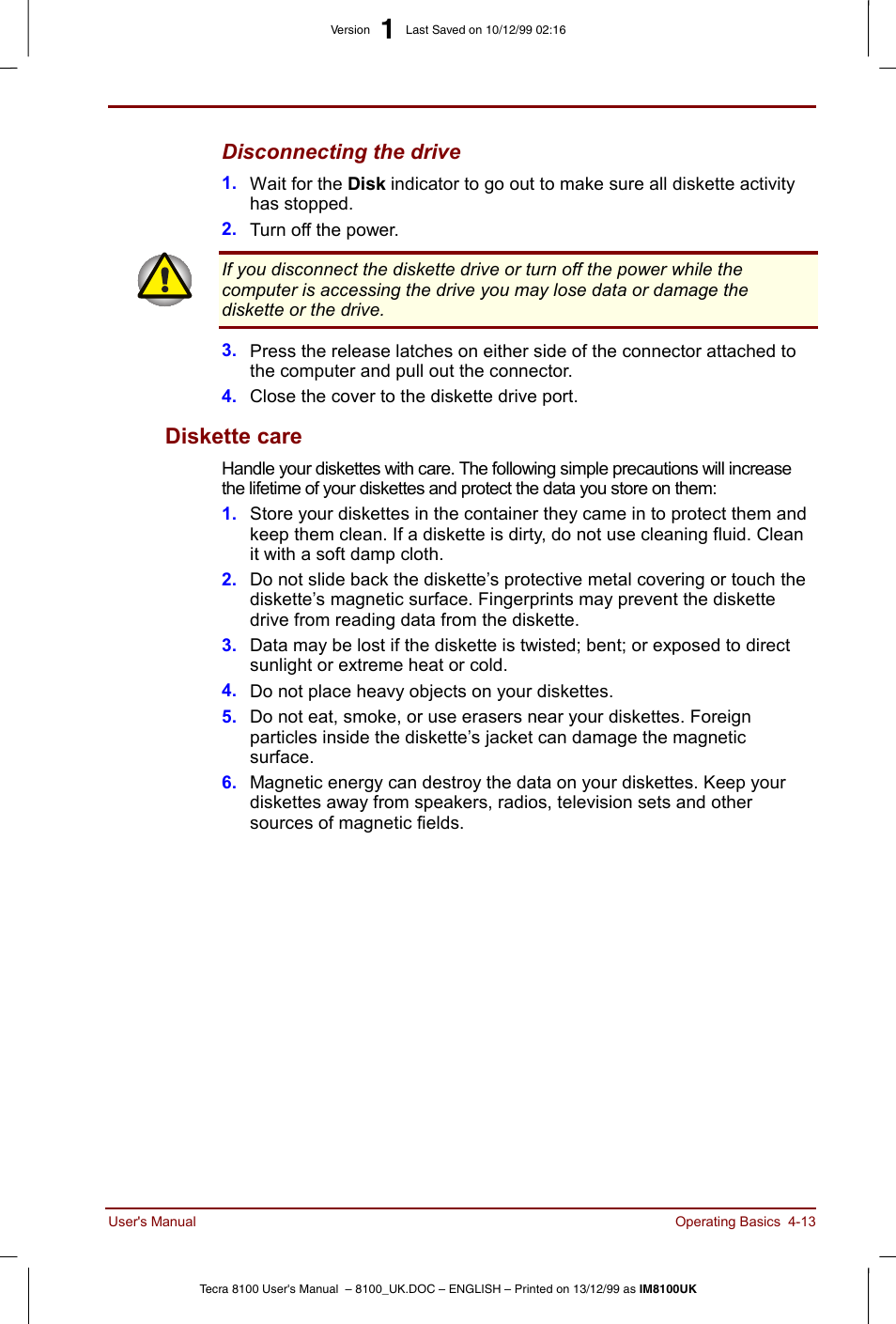 Diskette care -13, Diskette care | Toshiba Tecra 8100 User Manual | Page 73 / 226