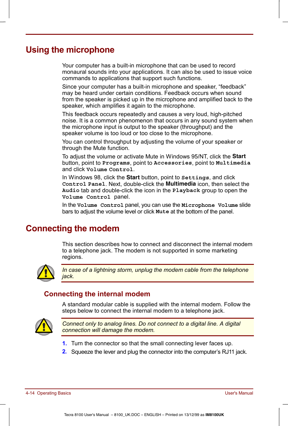 Using the microphone, Connecting the modem, Using the microphone -14 connecting the modem -14 | Connecting the internal modem -14, Connecting the internal modem | Toshiba Tecra 8100 User Manual | Page 74 / 226