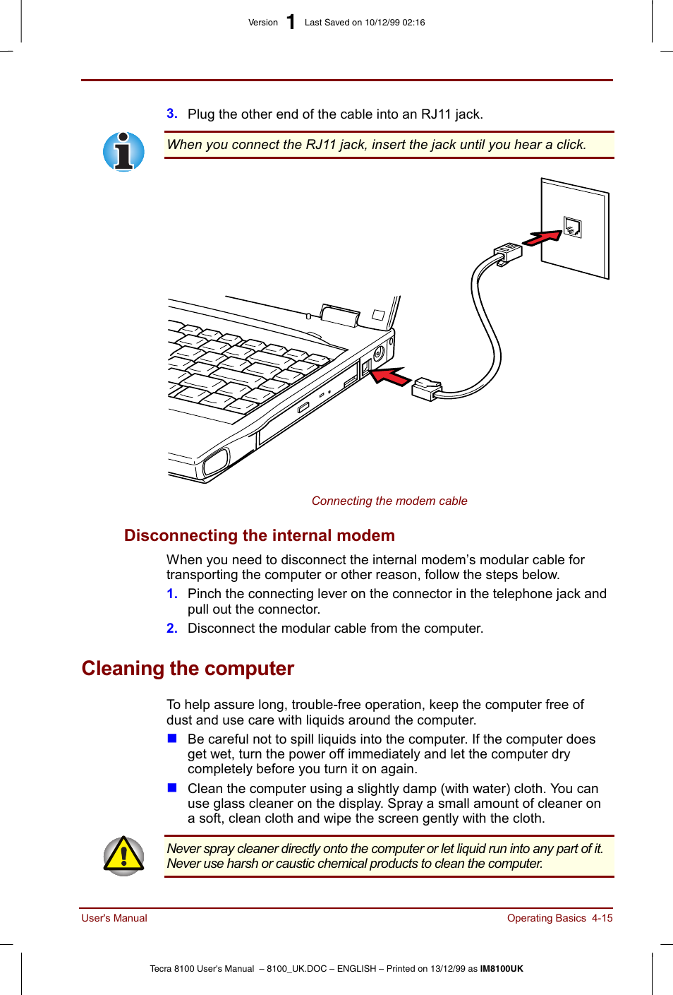 Cleaning the computer, Disconnecting the internal modem -15, Cleaning the computer -15 | Disconnecting the internal modem | Toshiba Tecra 8100 User Manual | Page 75 / 226