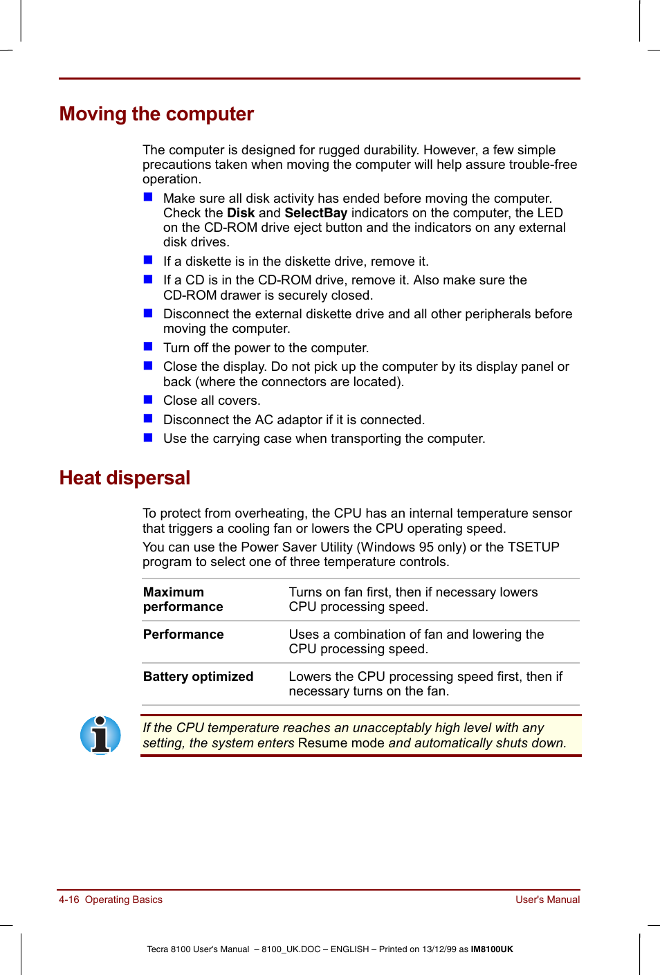 Moving the computer, Heat dispersal, Moving the computer -16 heat dispersal -16 | Toshiba Tecra 8100 User Manual | Page 76 / 226