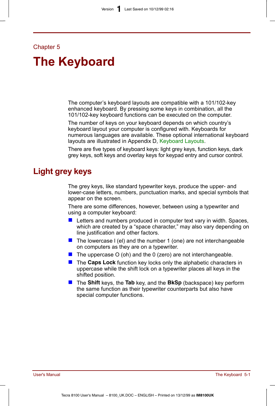 Chapter 5, The keyboard, Light grey keys | Chapter 5 the keyboard, Light grey keys -1, Hapter 5, Describes special key | Toshiba Tecra 8100 User Manual | Page 77 / 226
