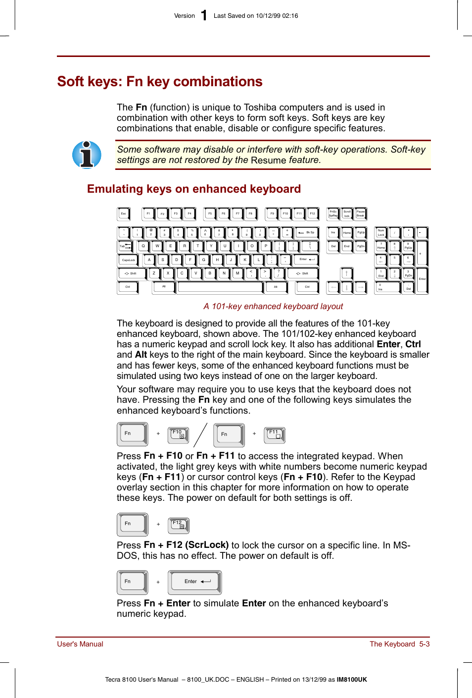 Soft keys: fn key combinations, Soft keys: fn key combinations -3, Emulating keys on enhanced keyboard -3 | Emulating keys on enhanced keyboard, A 101-key enhanced keyboard layout, User's manual the keyboard 5-3 | Toshiba Tecra 8100 User Manual | Page 79 / 226