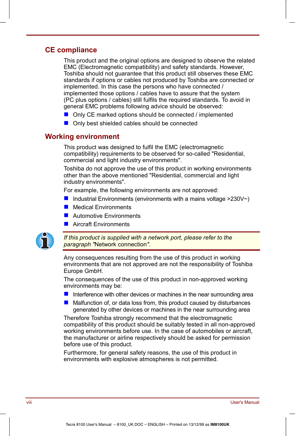 Ce compliance, Working environment | Toshiba Tecra 8100 User Manual | Page 8 / 226