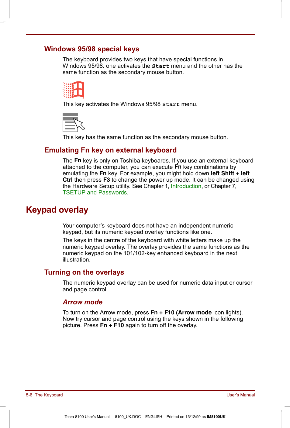 Keypad overlay, Keypad overlay -6, Turning on the overlays -6 | Windows 95/98 special keys, Emulating fn key on external keyboard, Turning on the overlays | Toshiba Tecra 8100 User Manual | Page 82 / 226