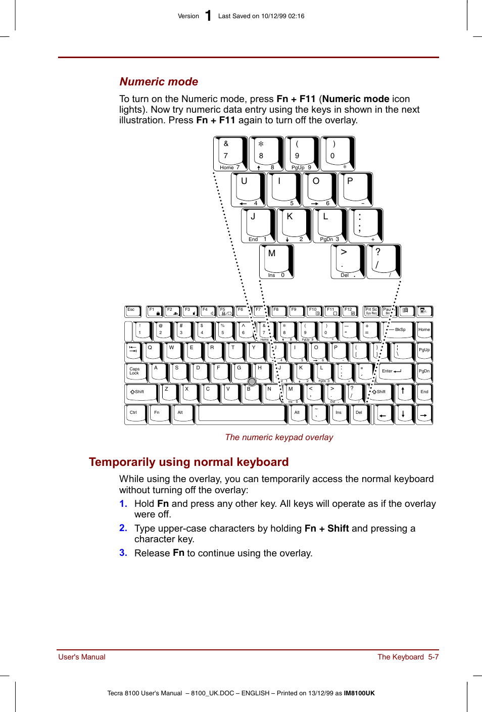Temporarily using normal keyboard -7, Temporarily using normal keyboard, Numeric mode | The numeric keypad overlay | Toshiba Tecra 8100 User Manual | Page 83 / 226