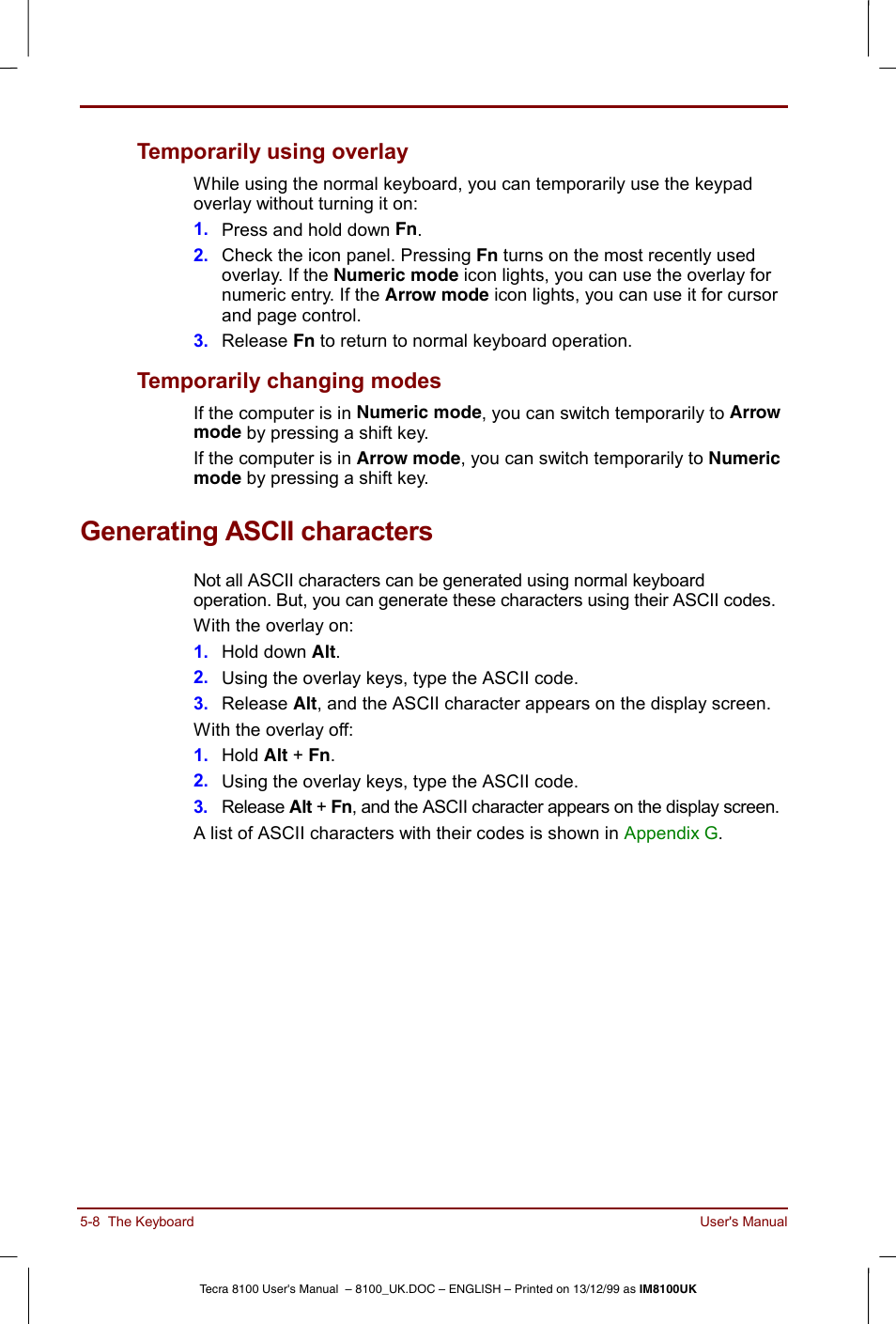 Generating ascii characters, Generating ascii characters -8, Temporarily using overlay | Temporarily changing modes | Toshiba Tecra 8100 User Manual | Page 84 / 226