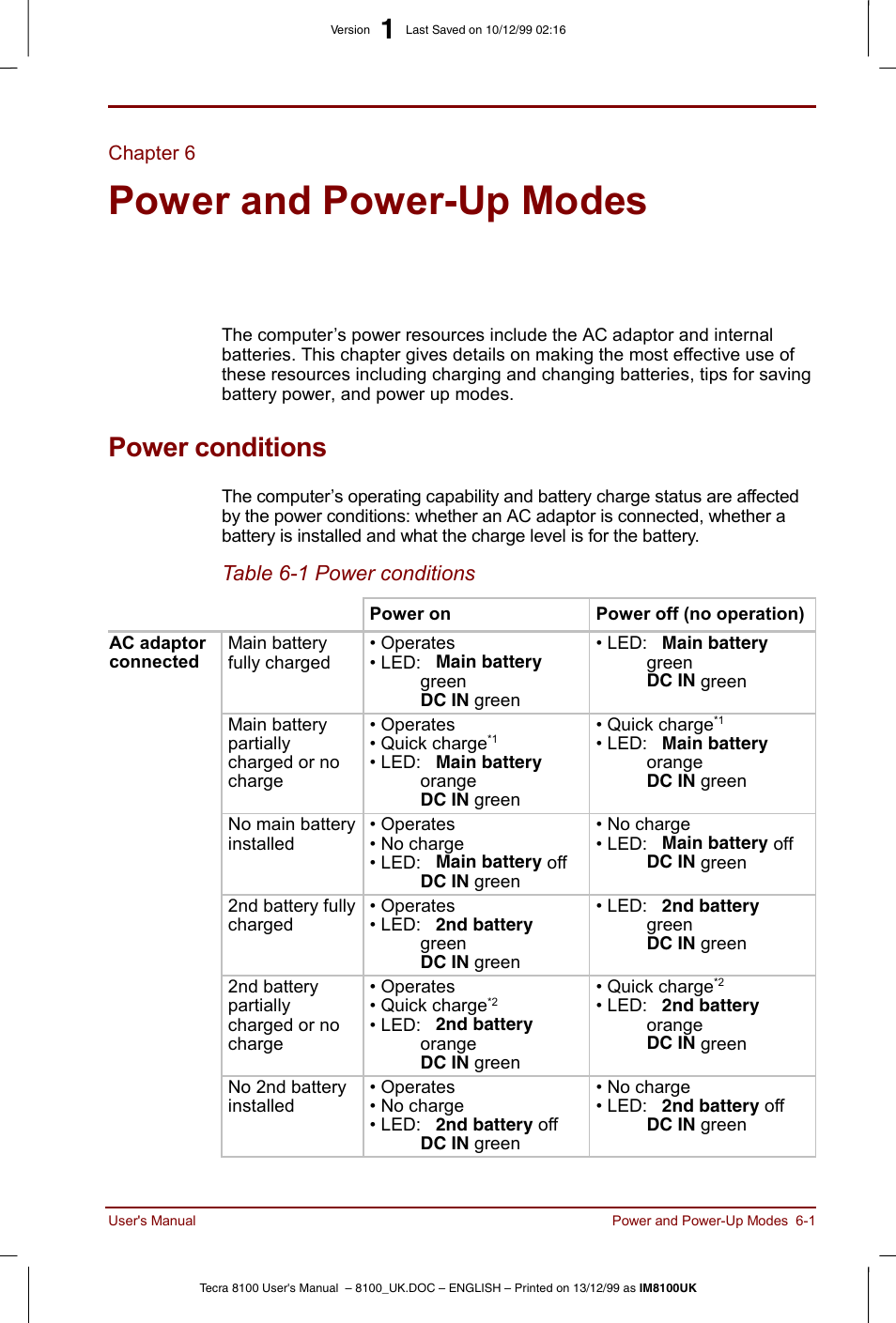 Chapter 6, Power and power-up modes, Power conditions | Chapter 6 power and power-up modes, Power conditions -1, Power and, Power-up modes, For more information on the | Toshiba Tecra 8100 User Manual | Page 85 / 226