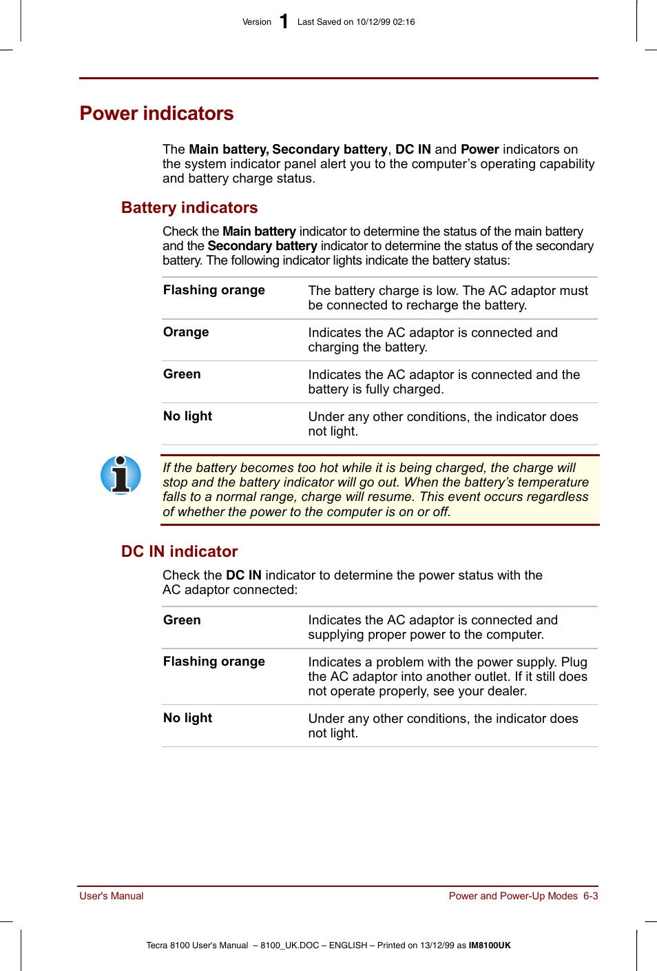 Power indicators, Power indicators -3, Battery indicators -3 dc in indicator -3 | Battery indicators, Dc in indicator | Toshiba Tecra 8100 User Manual | Page 87 / 226