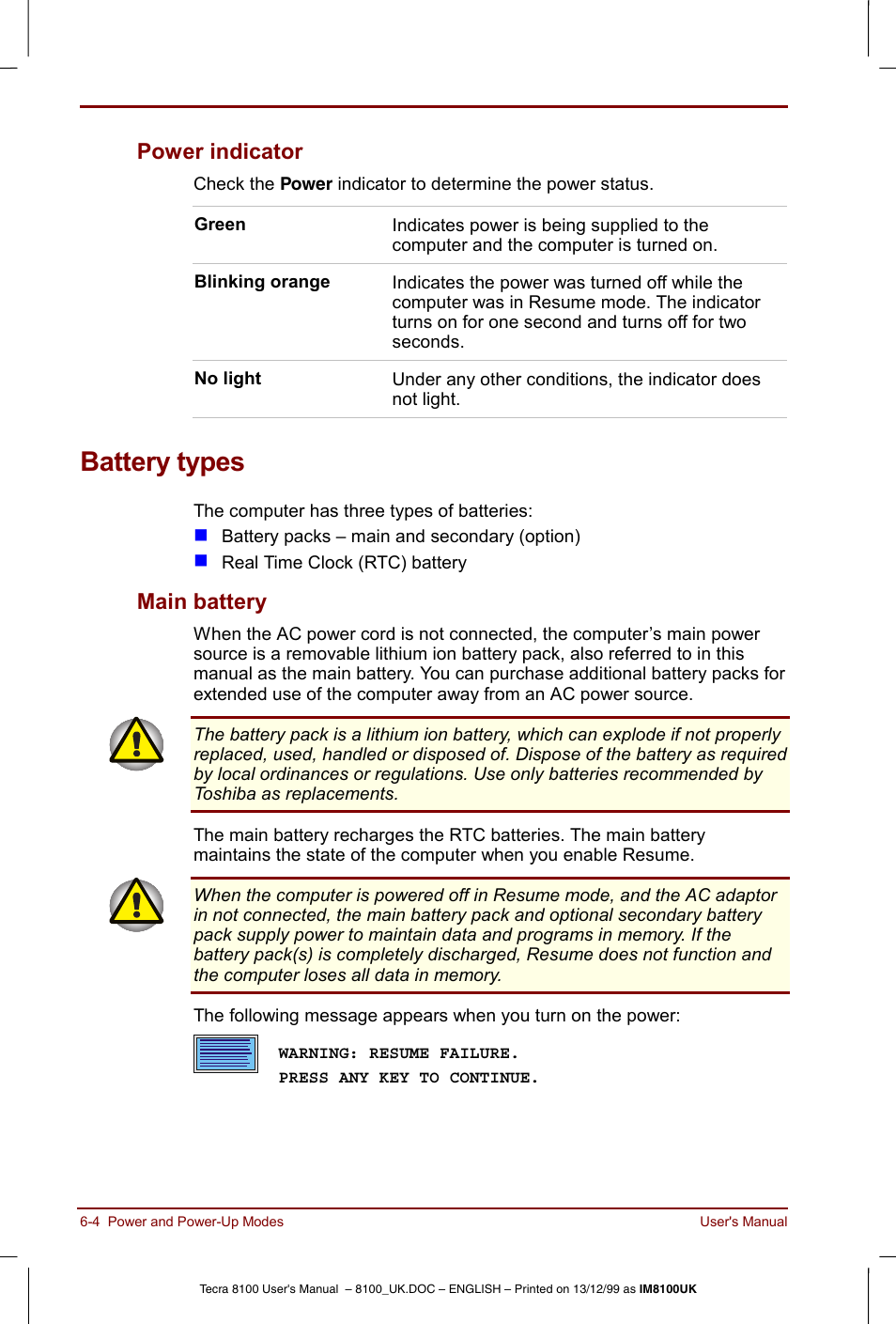 Battery types, Power indicator -4, Battery types -4 | Main battery -4, Power indicator, Main battery | Toshiba Tecra 8100 User Manual | Page 88 / 226