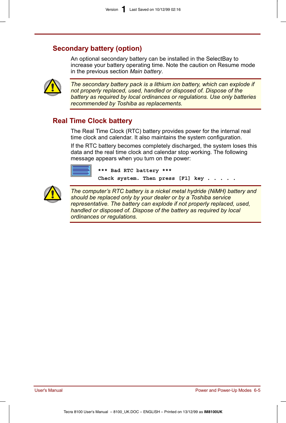 Secondary battery (option), Real time clock battery | Toshiba Tecra 8100 User Manual | Page 89 / 226