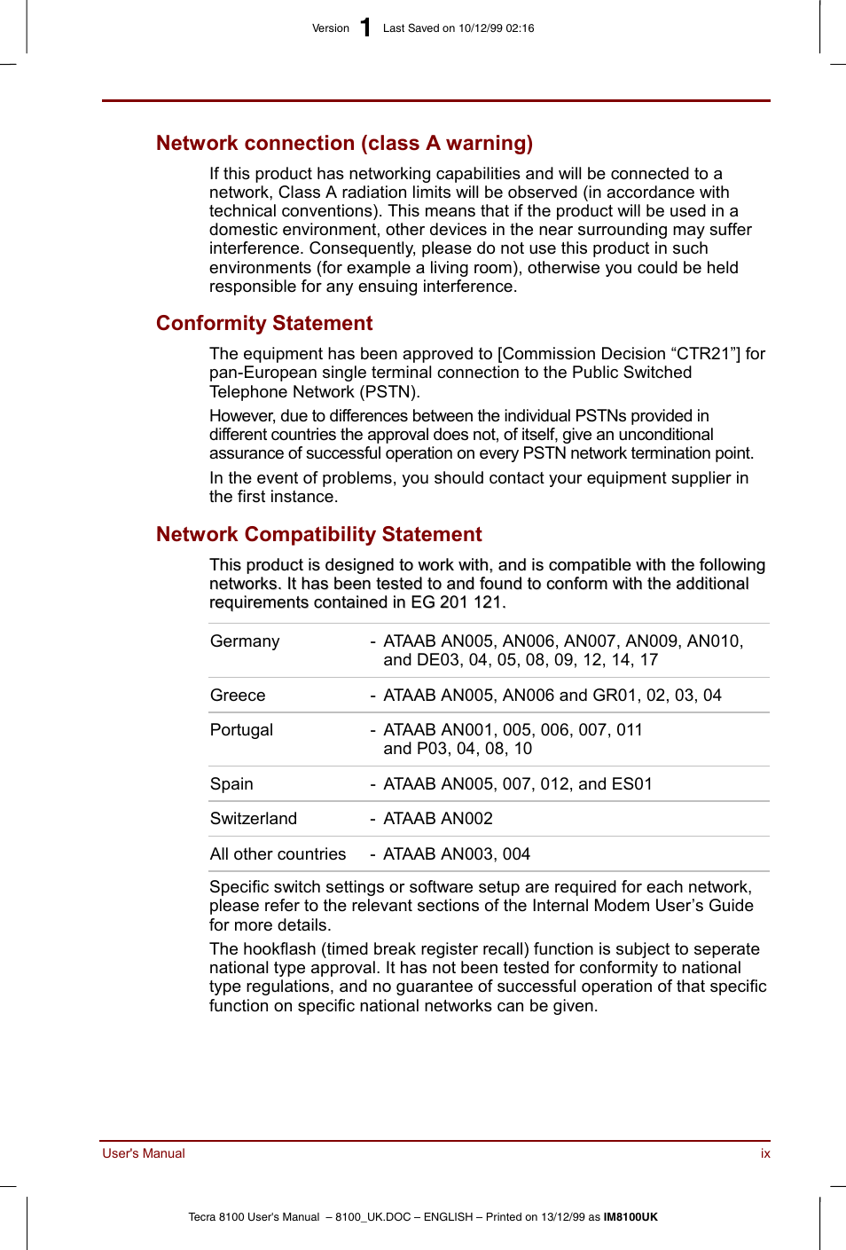 Network connection (class a warning), Conformity statement, Network compatibility statement | Toshiba Tecra 8100 User Manual | Page 9 / 226