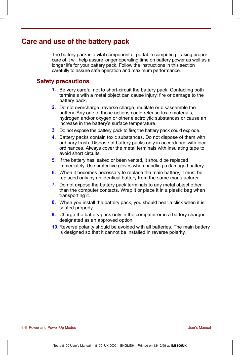 Care and use of the battery pack, Care and use of the battery pack -6, Safety precautions -6 | Safety precautions | Toshiba Tecra 8100 User Manual | Page 90 / 226