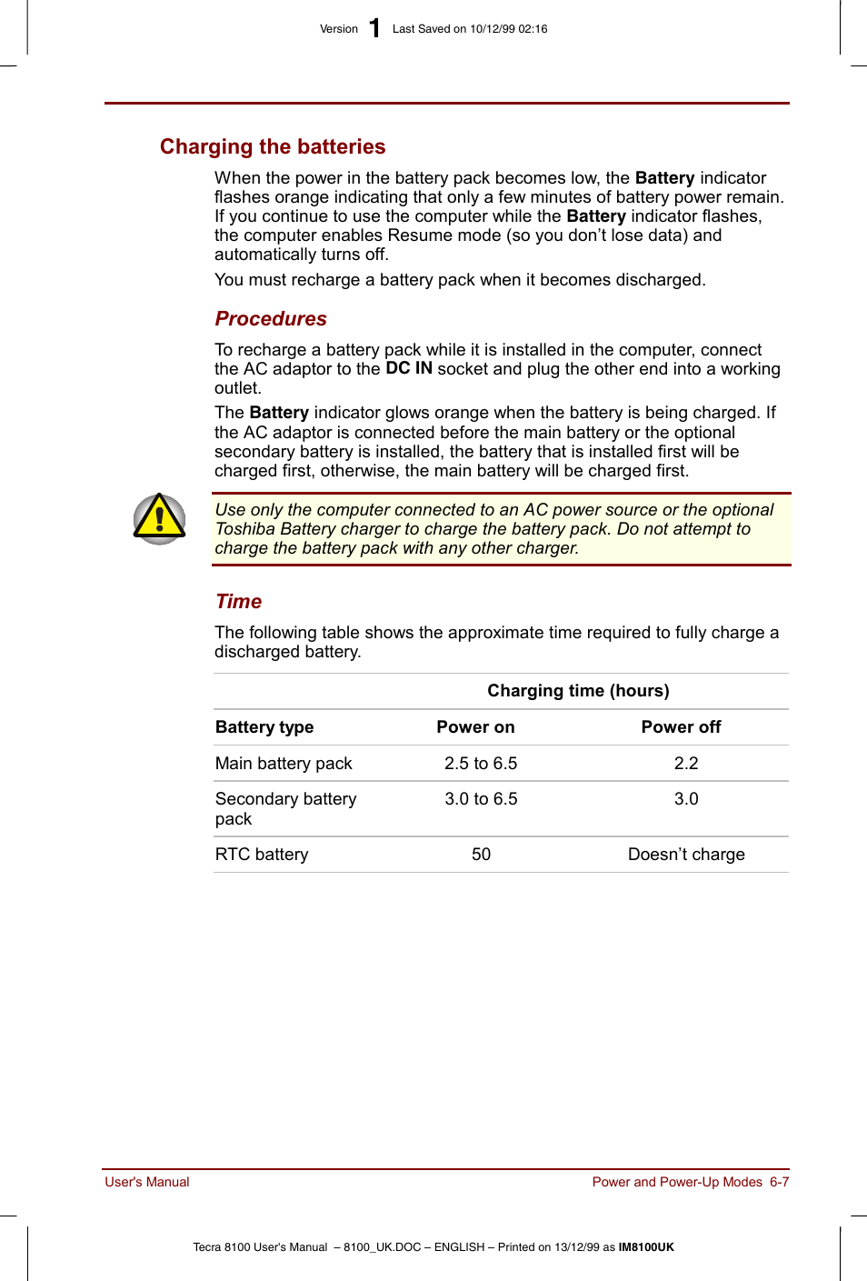 Charging the batteries -7, Charging the batteries | Toshiba Tecra 8100 User Manual | Page 91 / 226