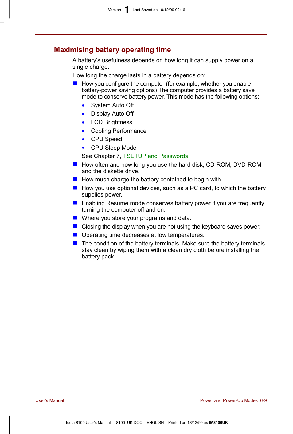 Maximising battery operating time -9, Maximising battery operating time | Toshiba Tecra 8100 User Manual | Page 93 / 226