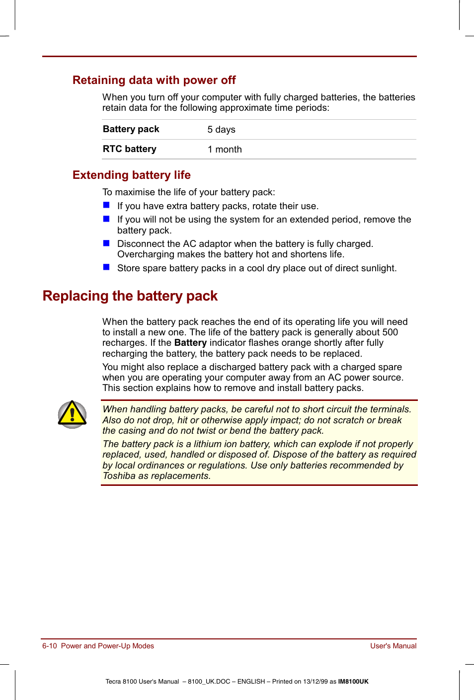 Replacing the battery pack, Replacing the battery pack -10, Retaining data with power off | Extending battery life | Toshiba Tecra 8100 User Manual | Page 94 / 226