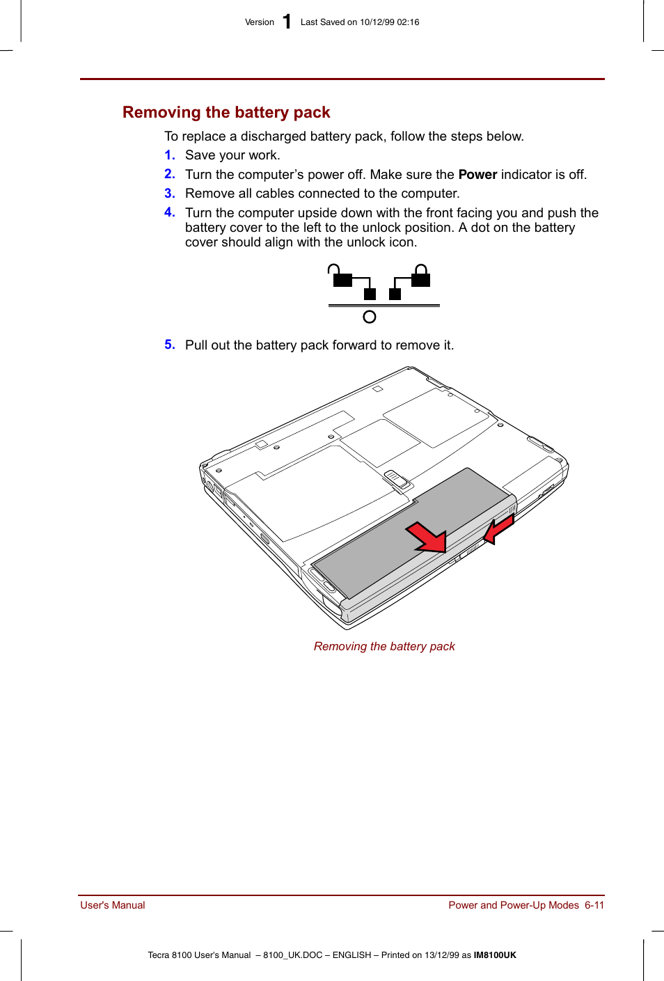 Removing the battery pack -11, Removing the battery pack | Toshiba Tecra 8100 User Manual | Page 95 / 226