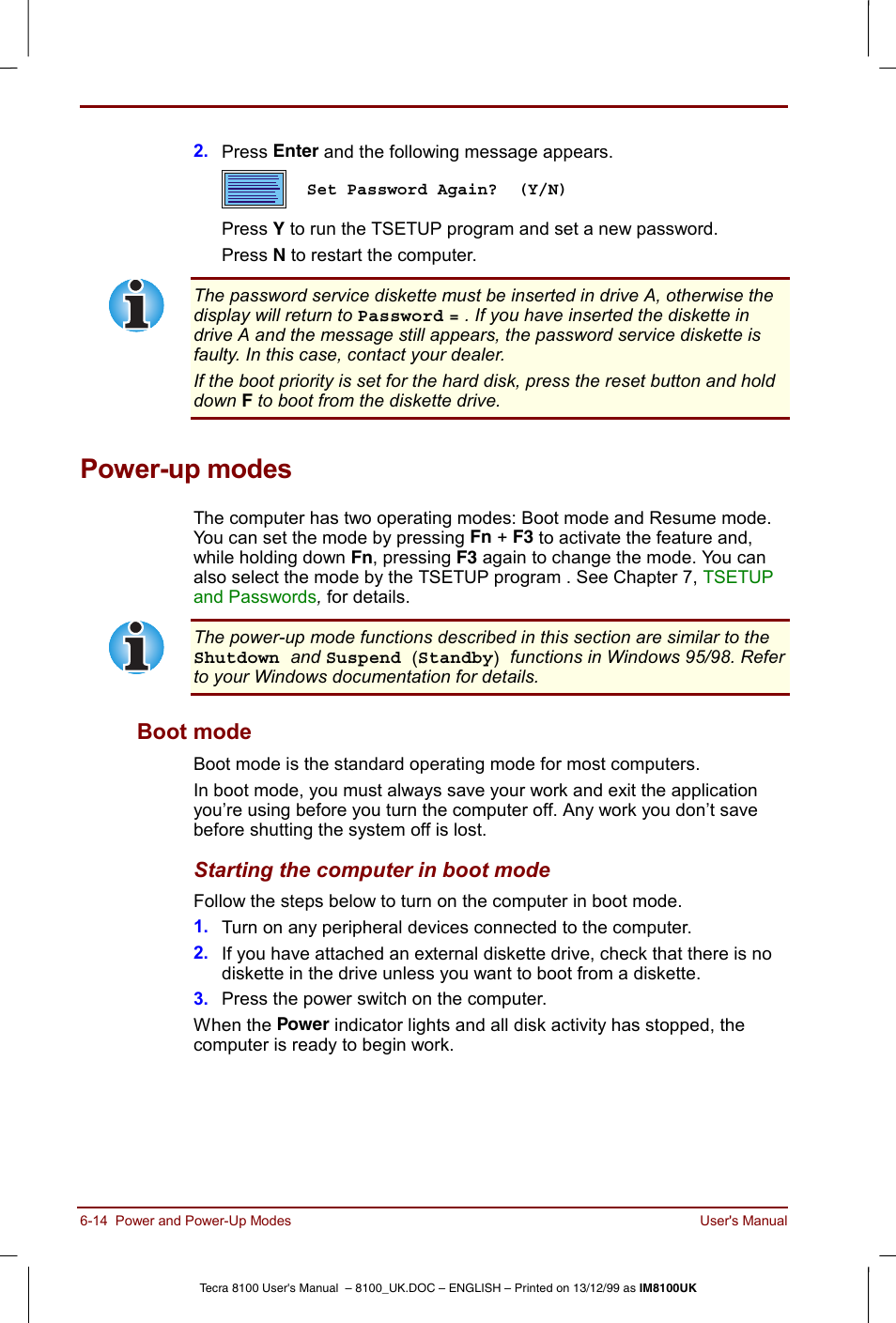 Power-up modes, Power-up modes -14, Boot mode -14 | Boot mode | Toshiba Tecra 8100 User Manual | Page 98 / 226