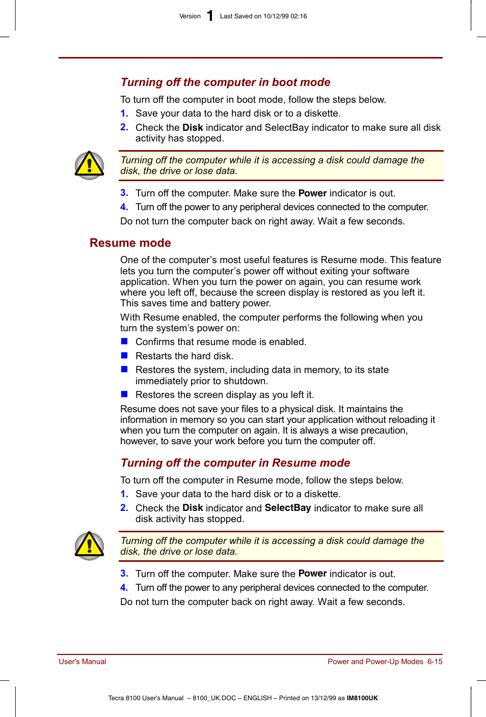 Resume mode -15, Resume mode | Toshiba Tecra 8100 User Manual | Page 99 / 226