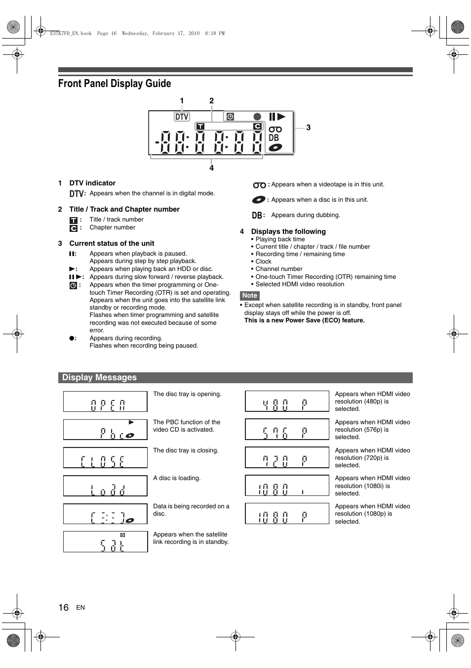 Front panel display guide, Display messages | Toshiba RDXV50 User Manual | Page 16 / 84