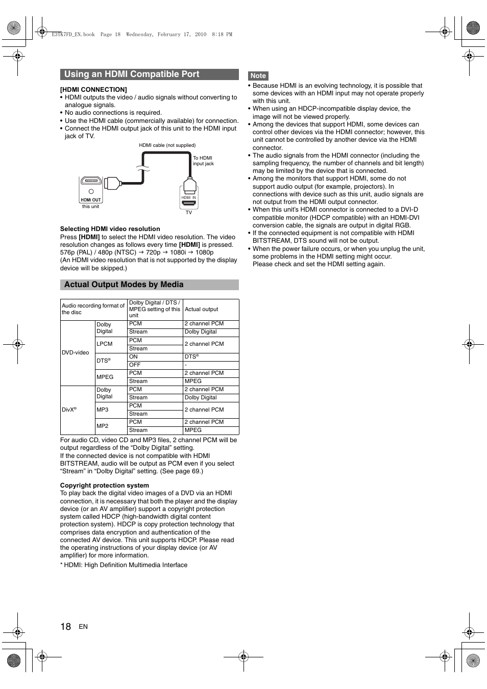 Using an hdmi compatible port, Actual output modes by media | Toshiba RDXV50 User Manual | Page 18 / 84