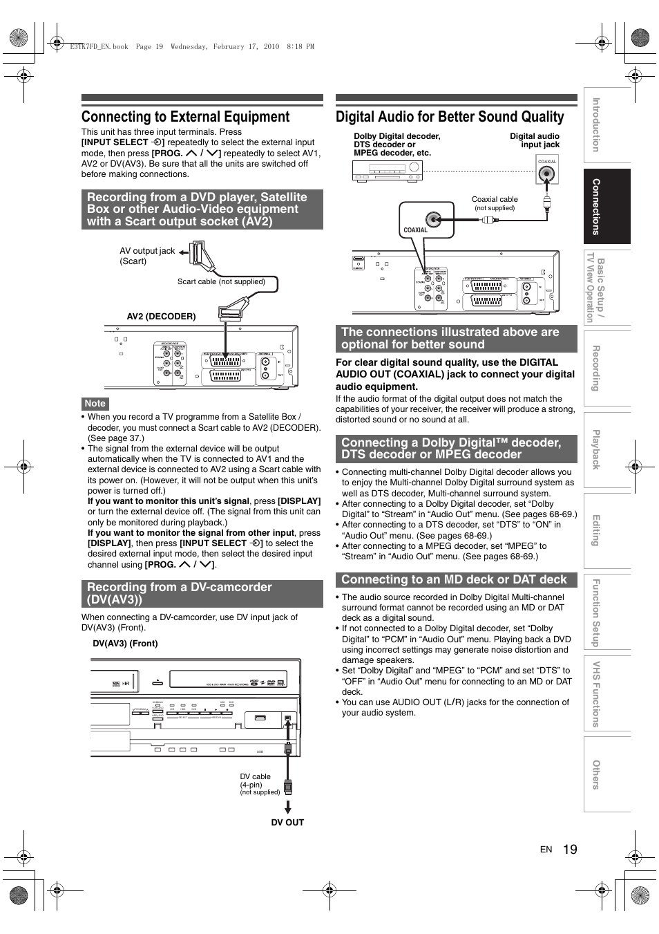 Connecting to external equipment, Digital audio for better sound quality | Toshiba RDXV50 User Manual | Page 19 / 84