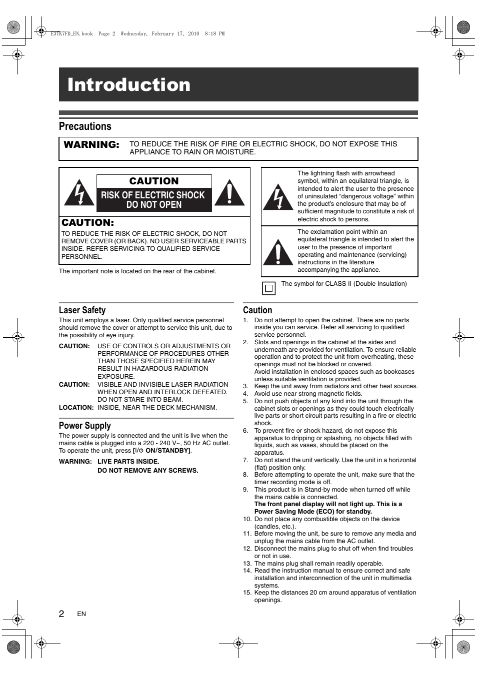 Introduction, Precautions, Laser safety | Power supply, Caution, Warning, Risk of electric shock do not open caution | Toshiba RDXV50 User Manual | Page 2 / 84