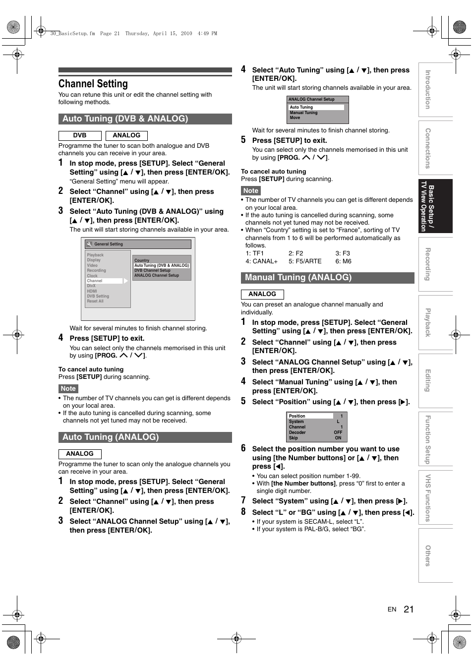 Channel setting, Auto tuning (dvb & analog), Auto tuning (analog) | Manual tuning (analog) | Toshiba RDXV50 User Manual | Page 21 / 84