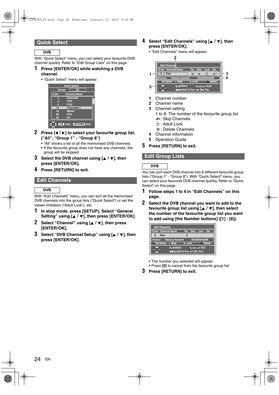 Quick select, Edit channels, Edit group lists | Toshiba RDXV50 User Manual | Page 24 / 84