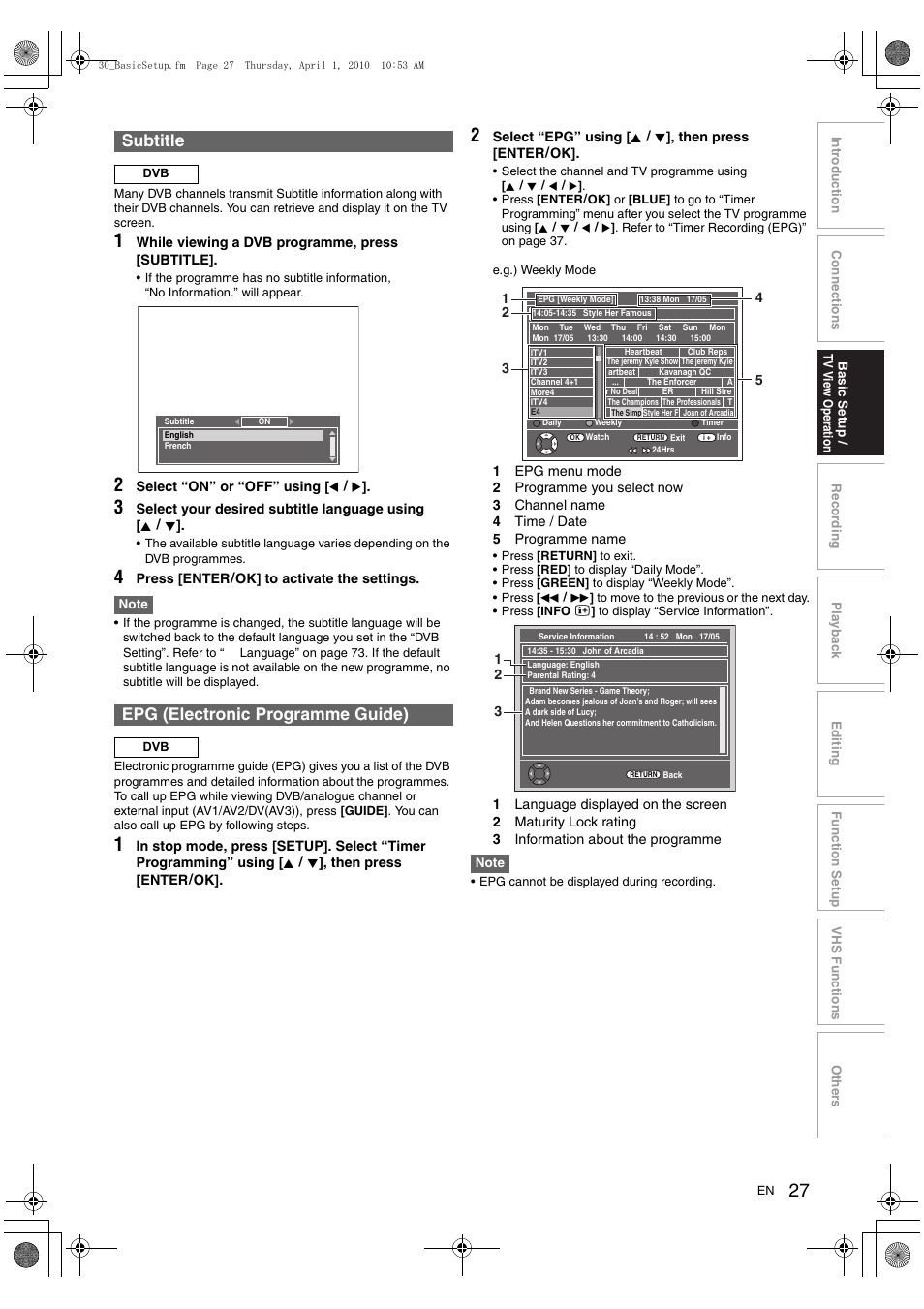 Subtitle, Epg (electronic programme guide) | Toshiba RDXV50 User Manual | Page 27 / 84