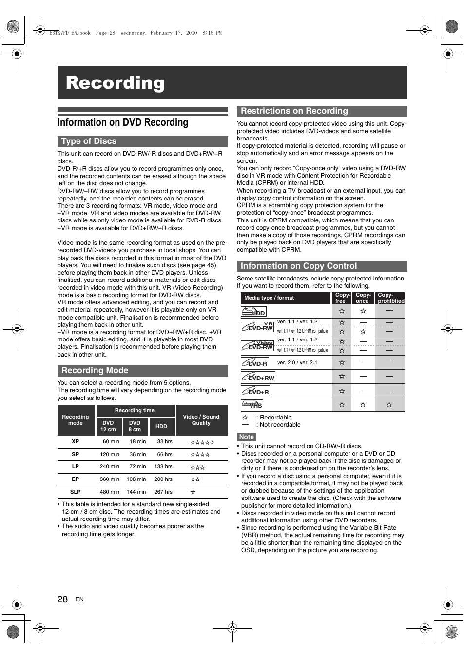 Recording, Information on dvd recording, Type of discs recording mode | Toshiba RDXV50 User Manual | Page 28 / 84