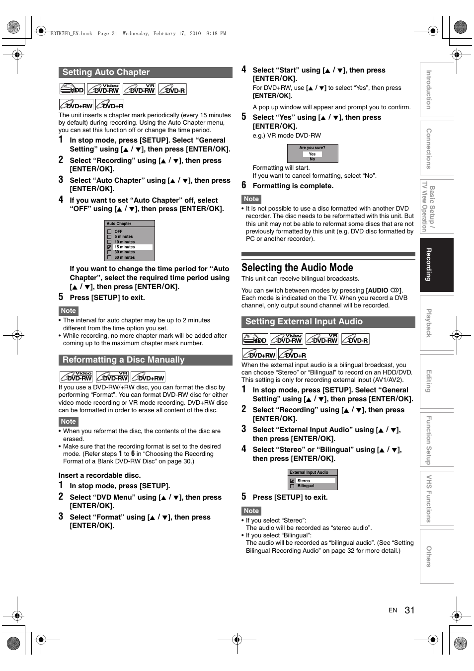 Selecting the audio mode, Setting auto chapter reformatting a disc manually, Setting external input audio | Toshiba RDXV50 User Manual | Page 31 / 84