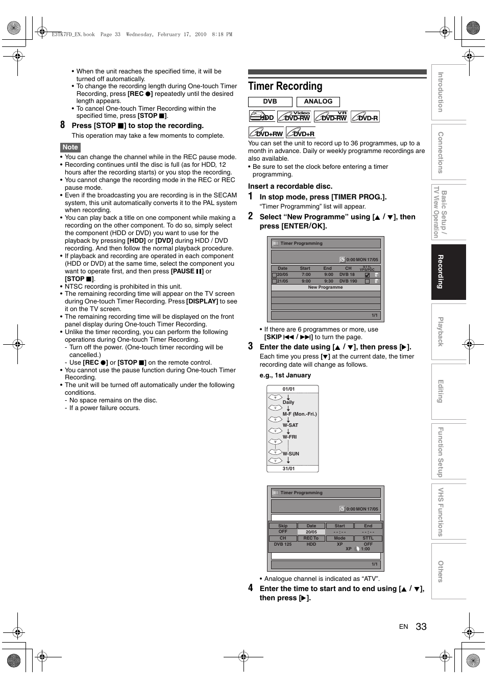 Timer recording | Toshiba RDXV50 User Manual | Page 33 / 84