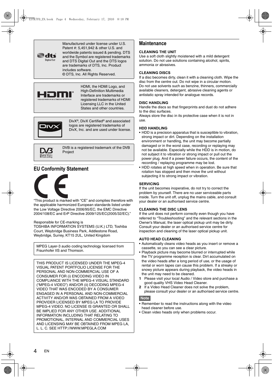 Eu conformity statement, Maintenance | Toshiba RDXV50 User Manual | Page 4 / 84