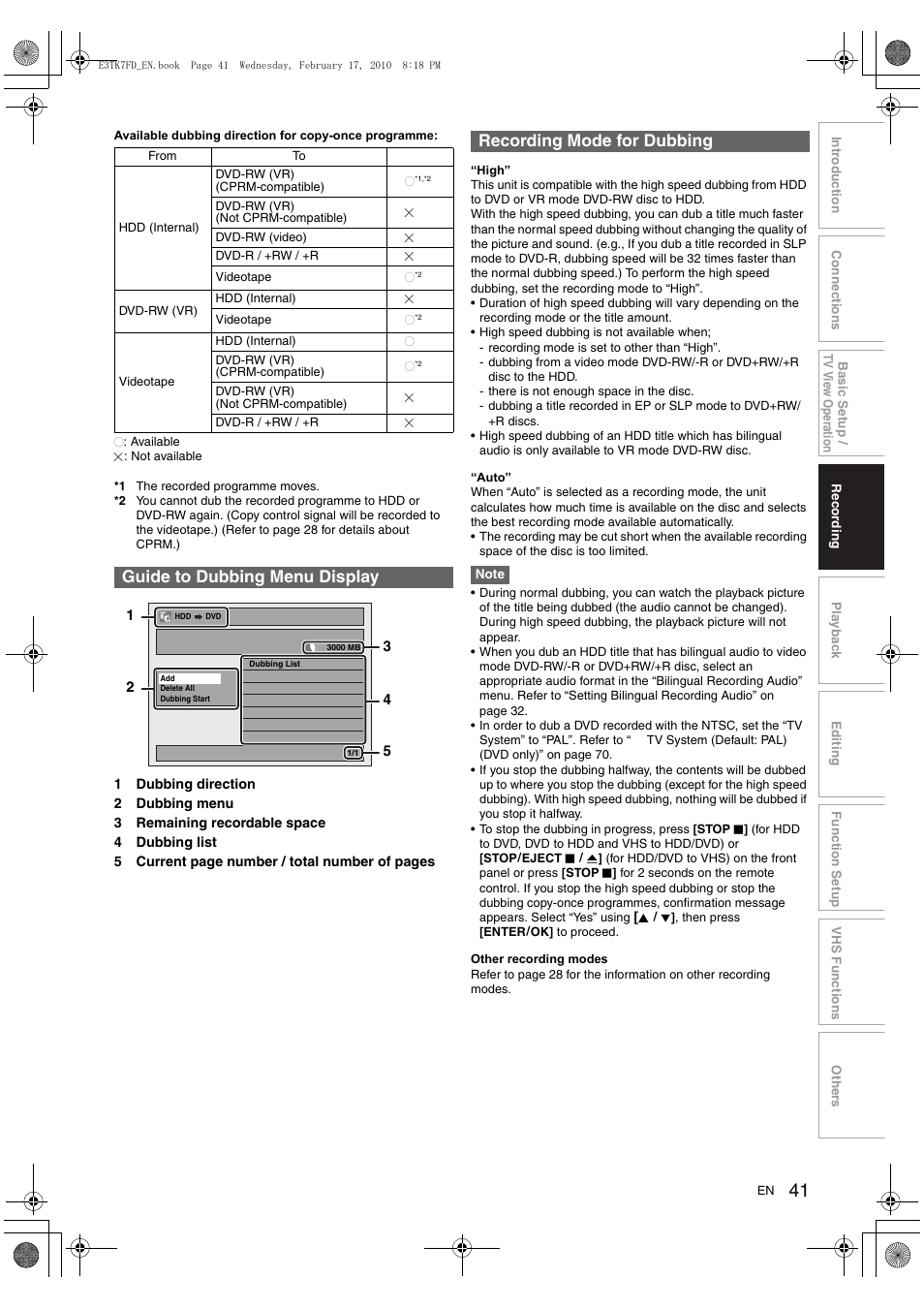 Guide to dubbing menu display, Recording mode for dubbing | Toshiba RDXV50 User Manual | Page 41 / 84