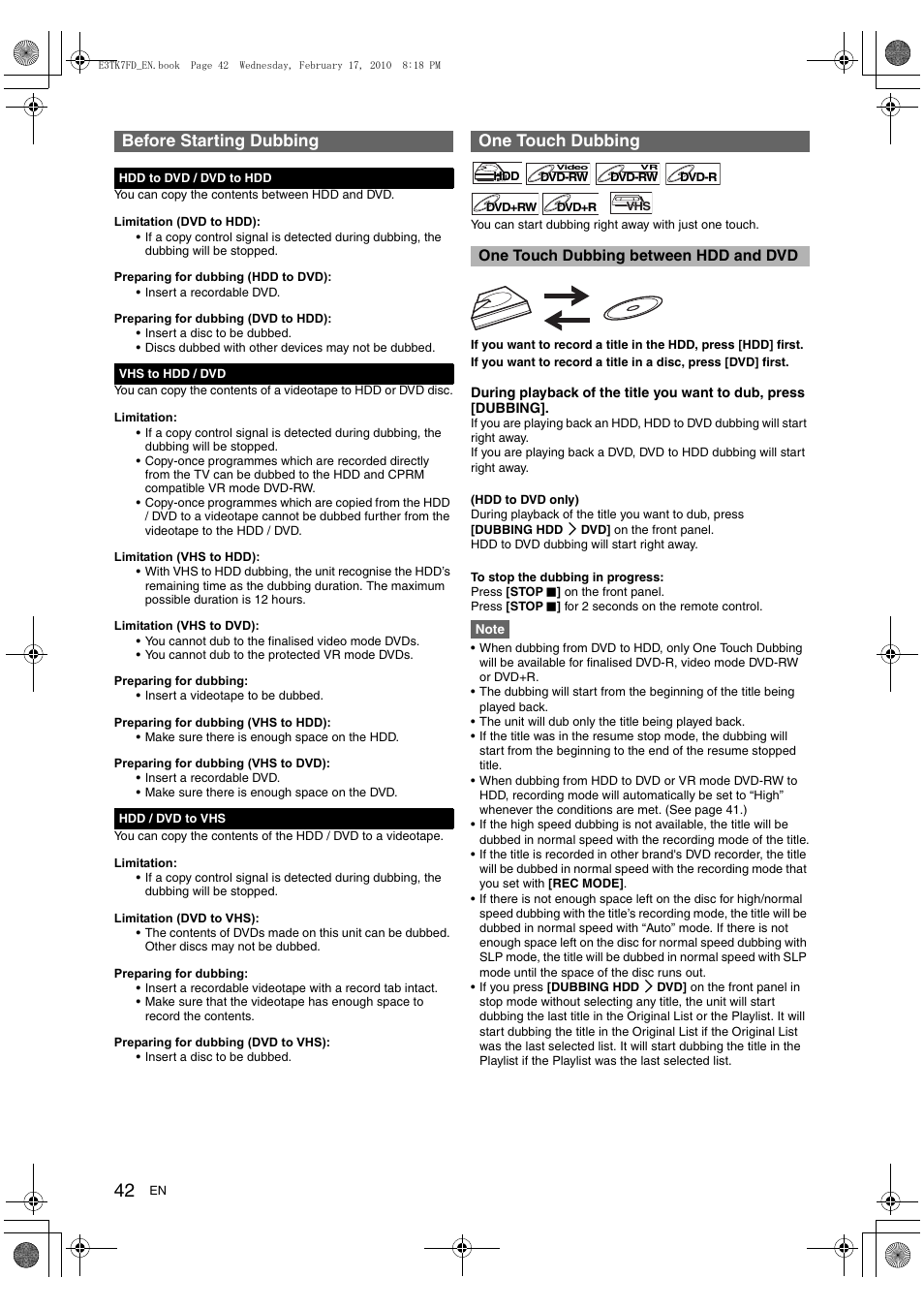 Before starting dubbing, One touch dubbing | Toshiba RDXV50 User Manual | Page 42 / 84