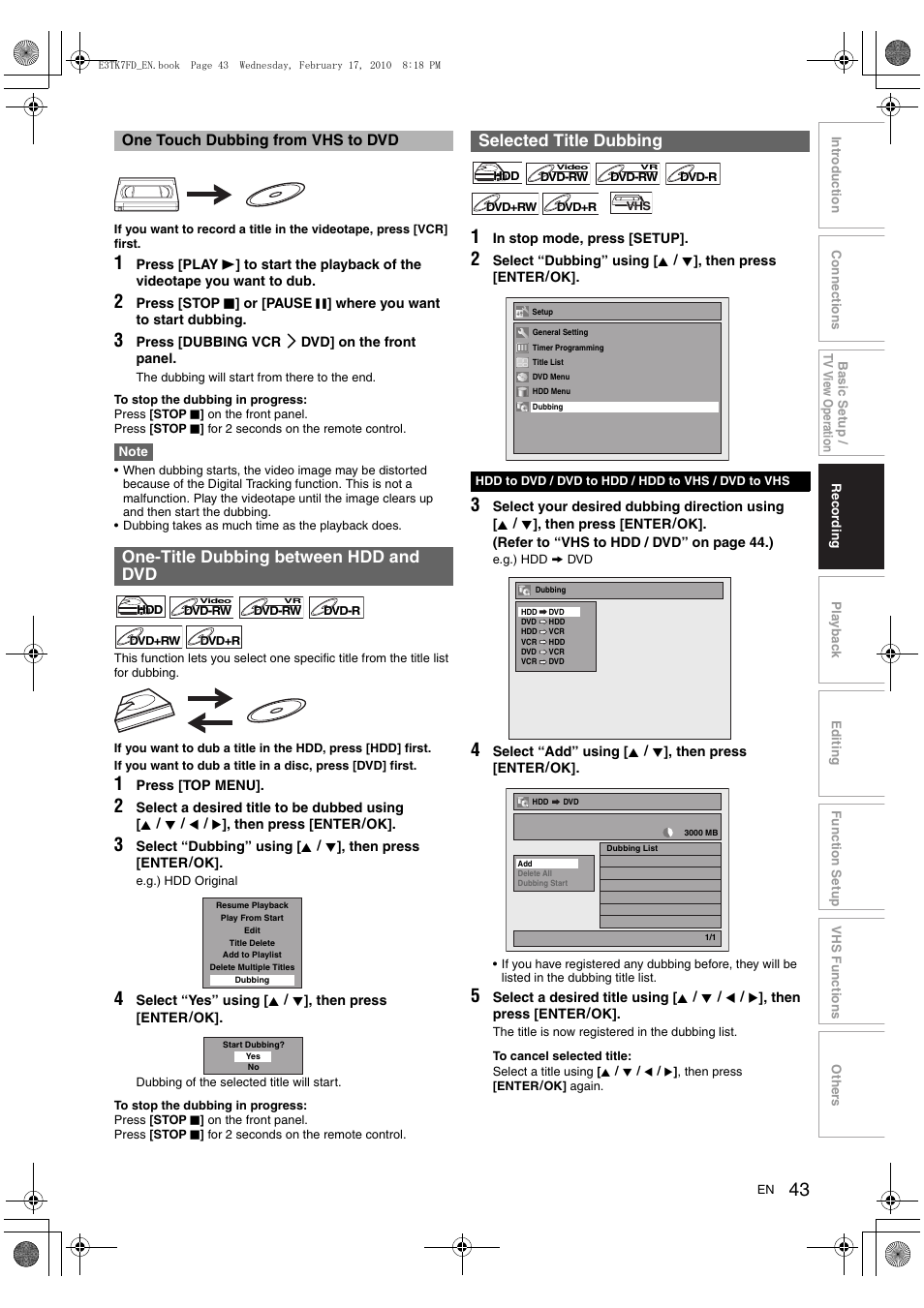One-title dubbing between hdd and dvd, Selected title dubbing | Toshiba RDXV50 User Manual | Page 43 / 84