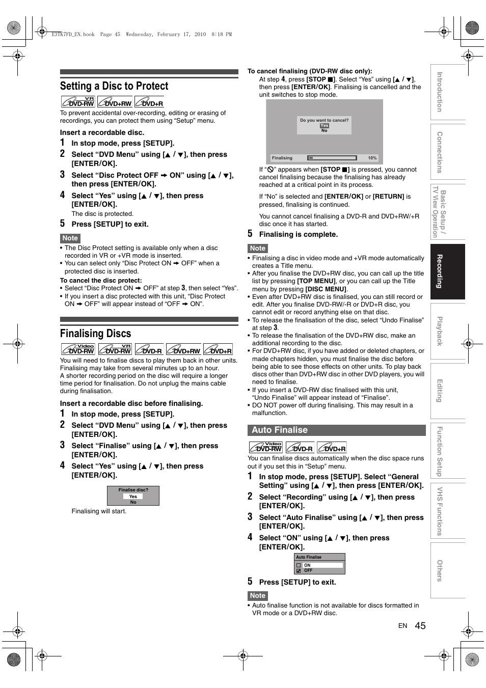 Setting a disc to protect, Finalising discs, Auto finalise | Toshiba RDXV50 User Manual | Page 45 / 84