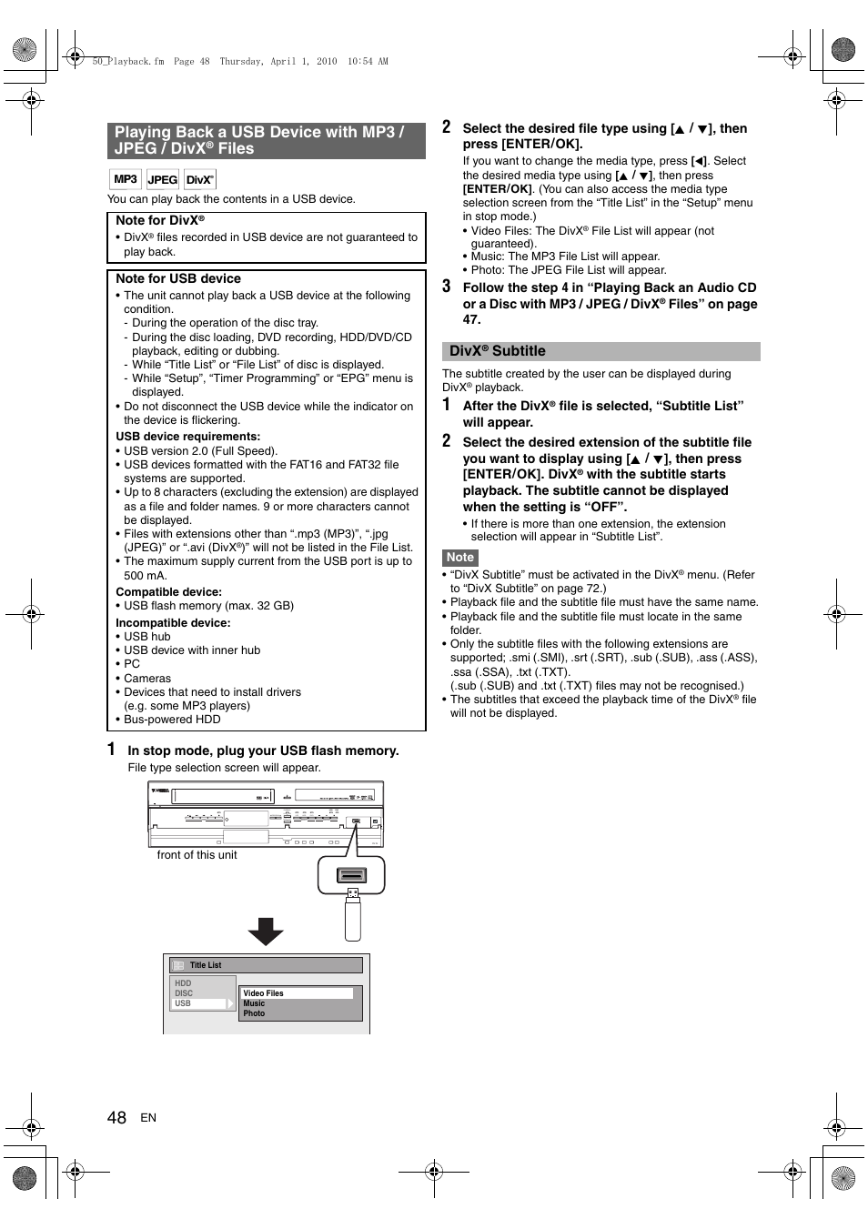 Playing back a usb device with mp3 / jpeg / divx, Files | Toshiba RDXV50 User Manual | Page 48 / 84